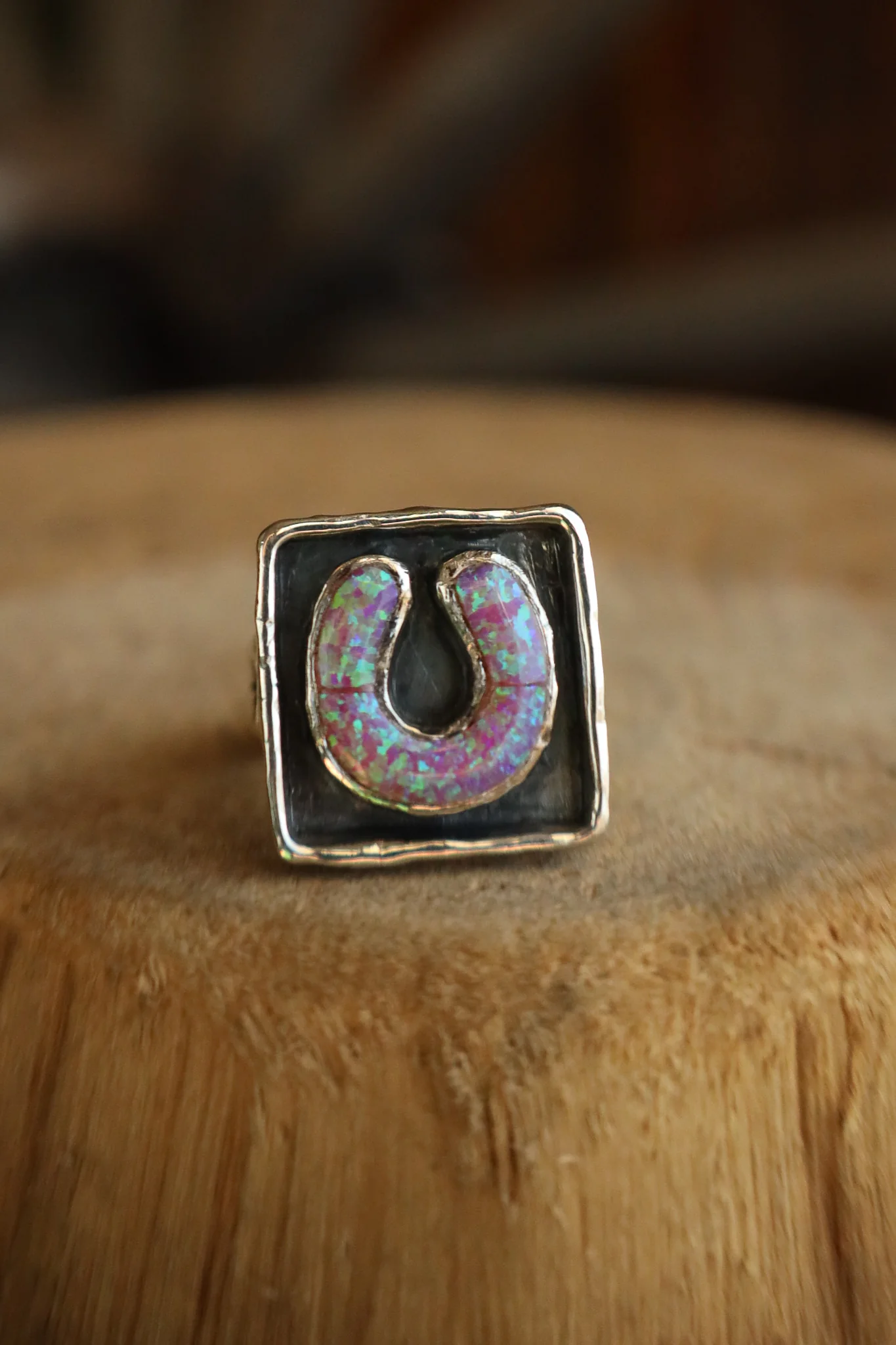 Peyote Bird Pink Opal Horseshow Signet Ring- Size 7.5