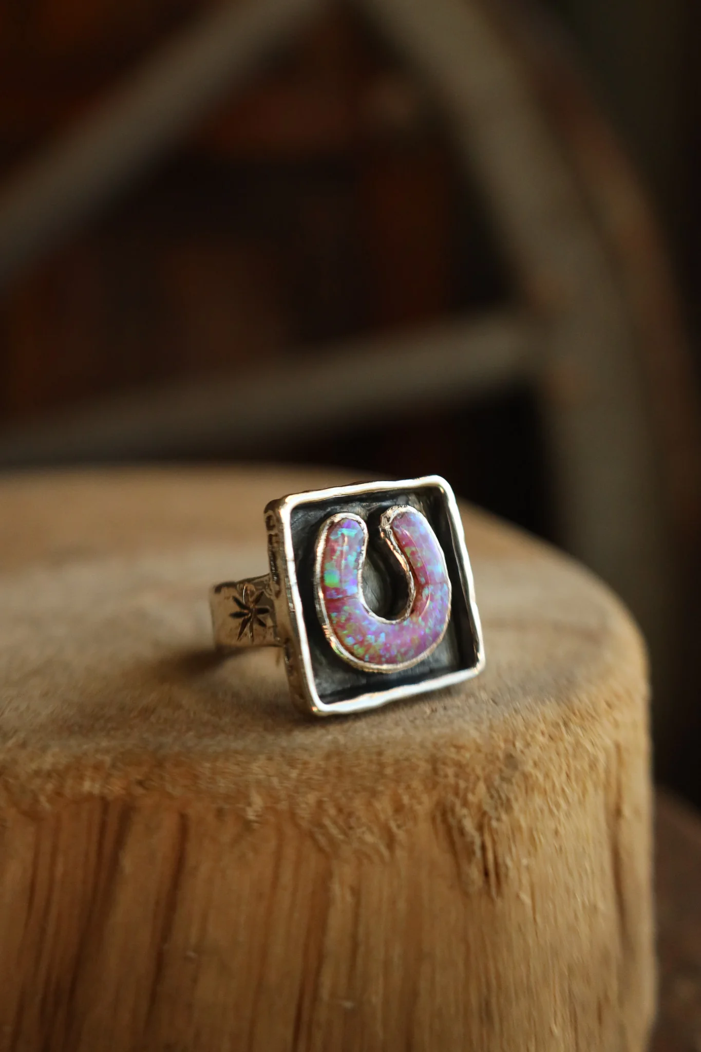 Peyote Bird Pink Opal Horseshow Signet Ring- Size 7.5 - Image 2