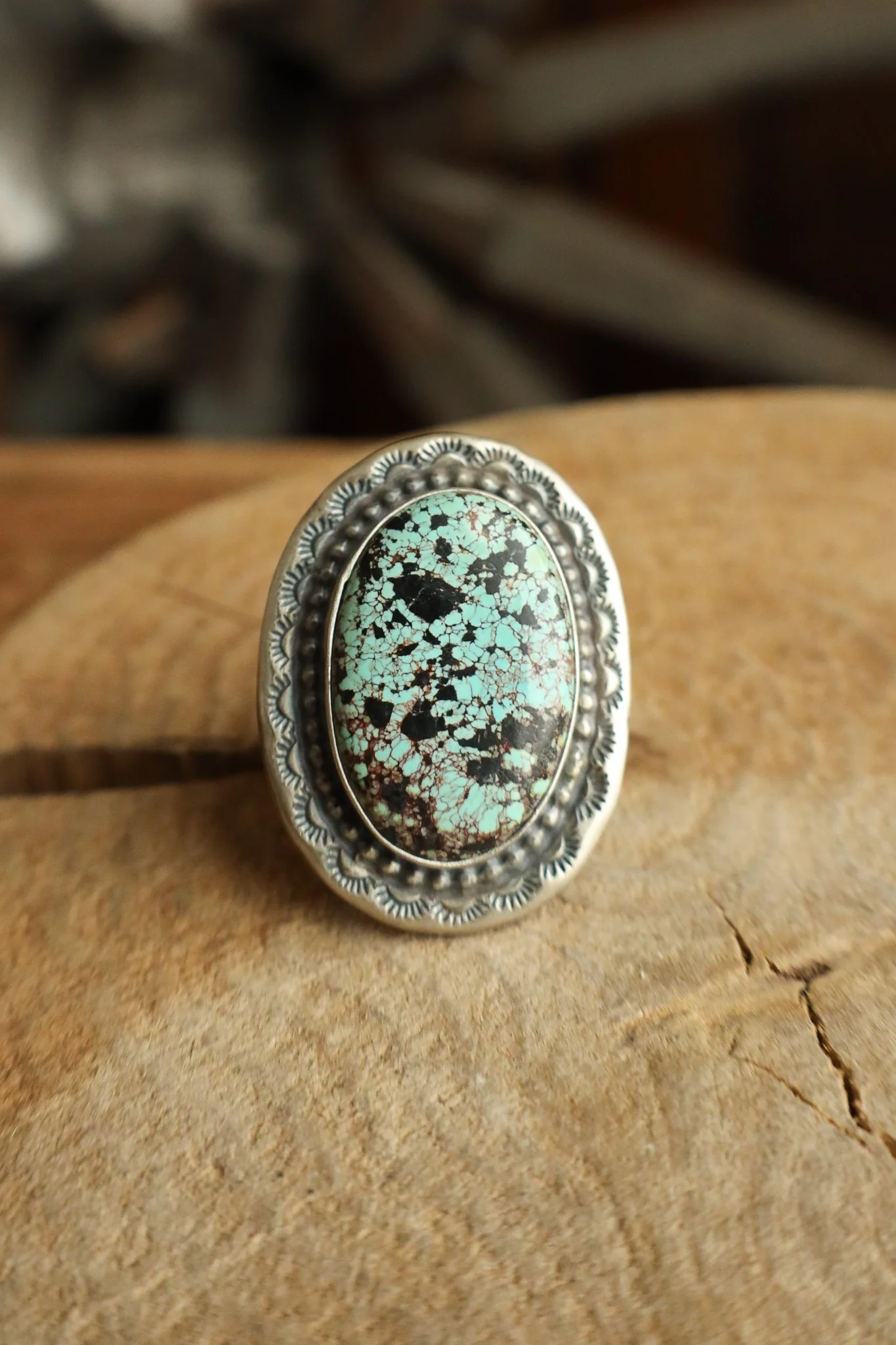 Turquoise Oval Sterling Silver Stamped Frame Ring- Size 6