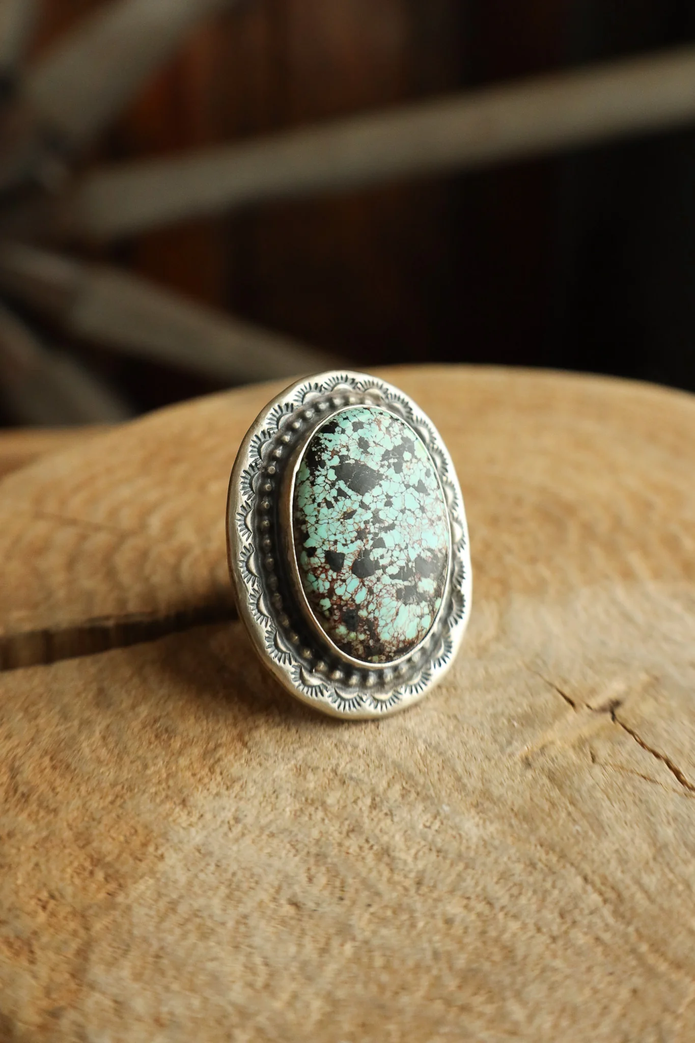 Turquoise Oval Sterling Silver Stamped Frame Ring- Size 6 - Image 2