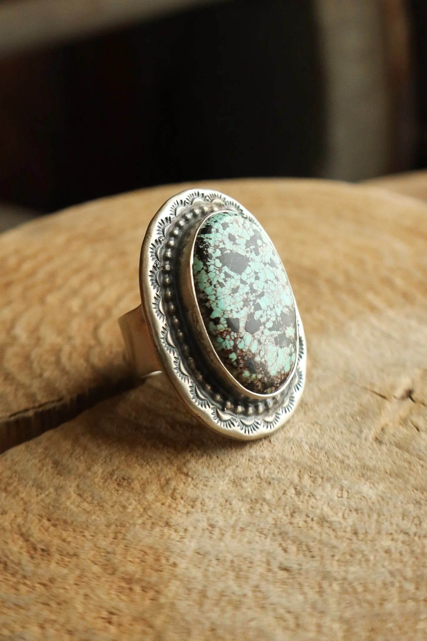 Turquoise Oval Sterling Silver Stamped Frame Ring- Size 6 - Image 3