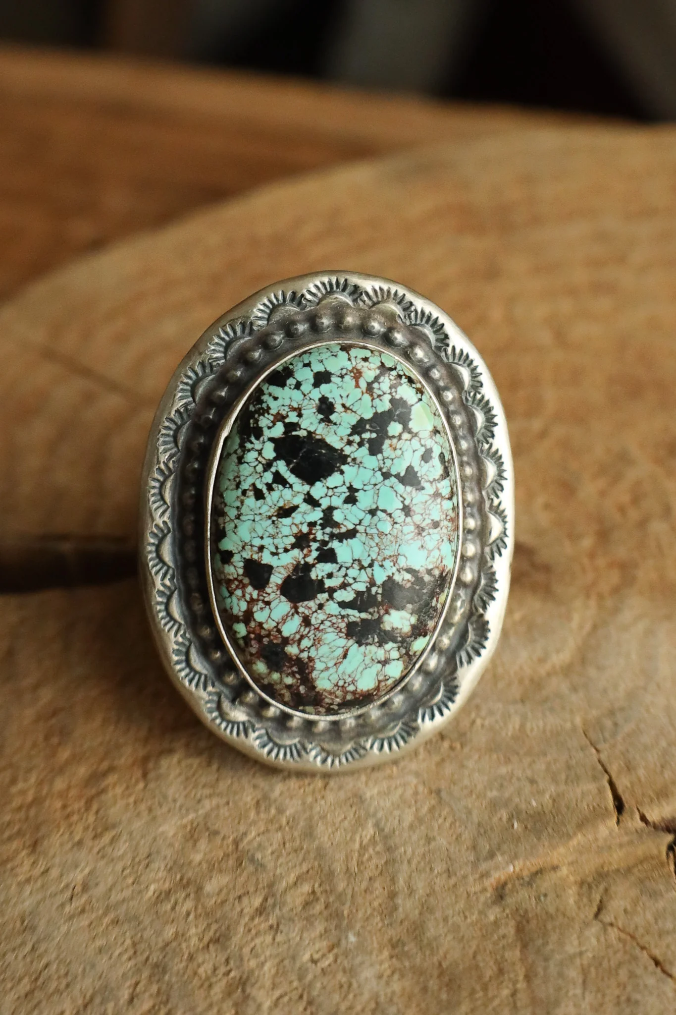 Turquoise Oval Sterling Silver Stamped Frame Ring- Size 6 - Image 4
