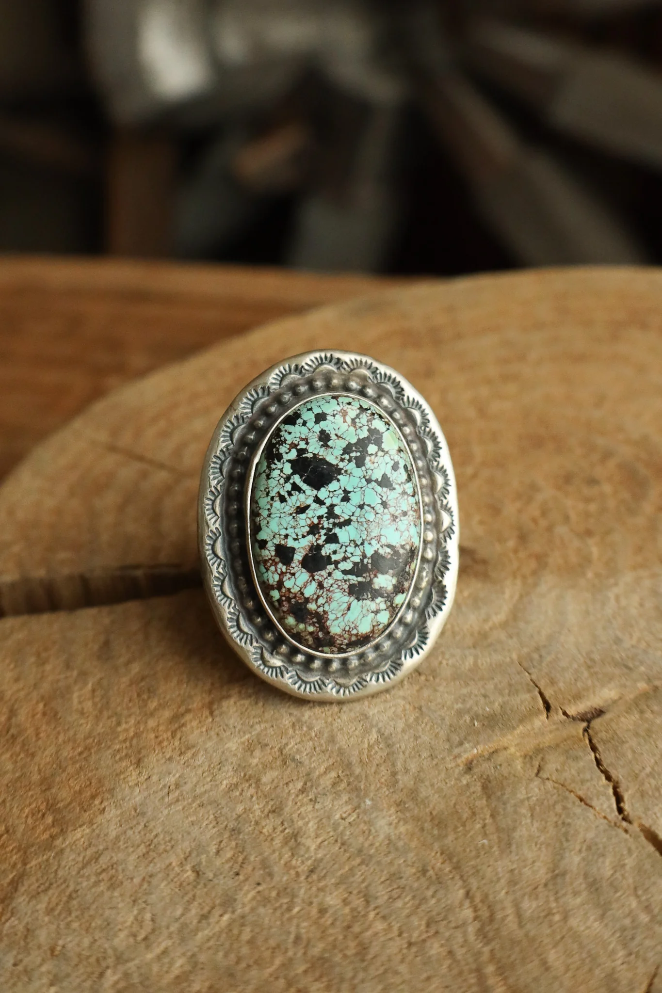 Turquoise Oval Sterling Silver Stamped Frame Ring- Size 6 - Image 5