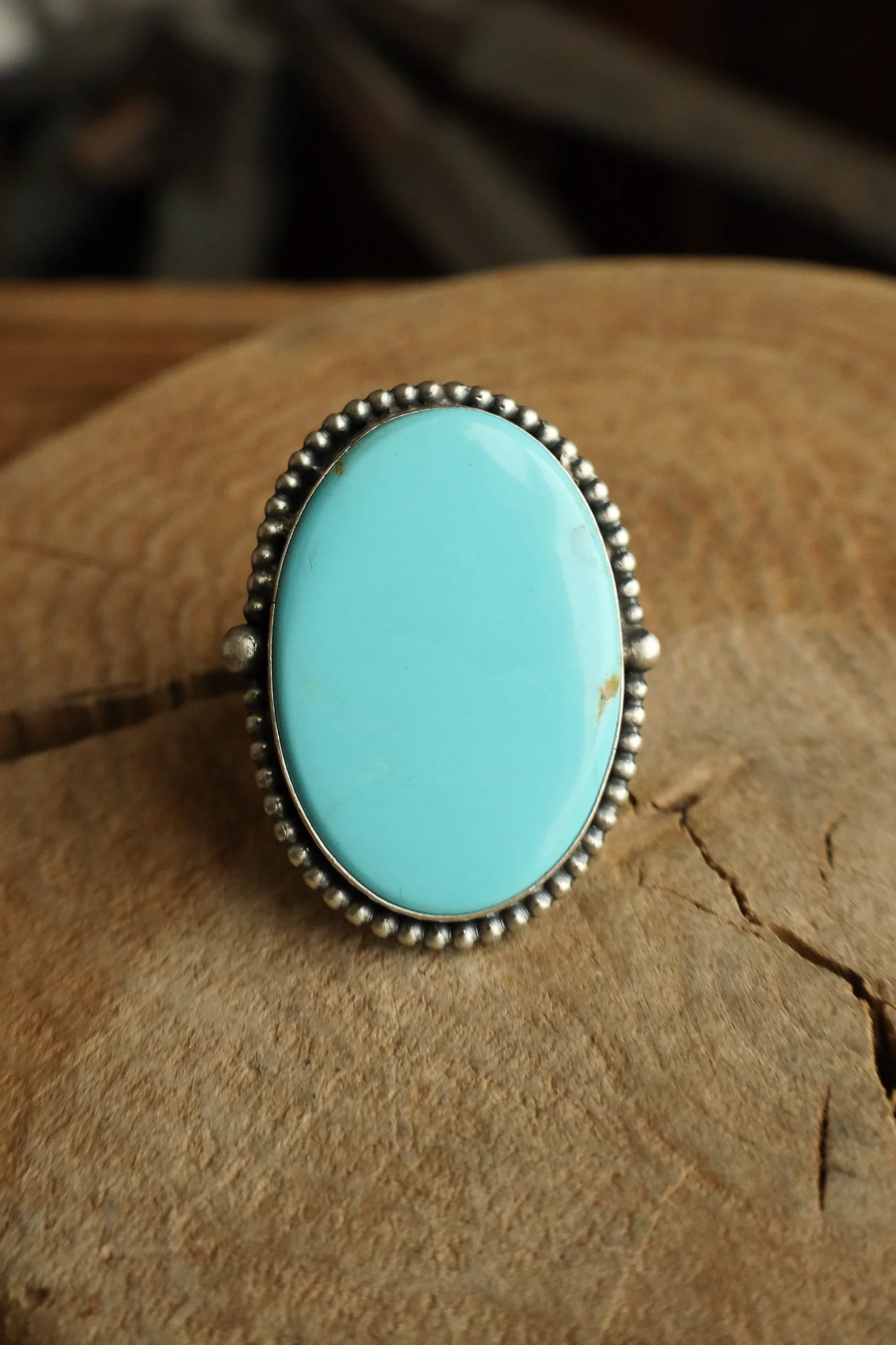 Large Turquoise Dotted Bezel Ring- Adjustable