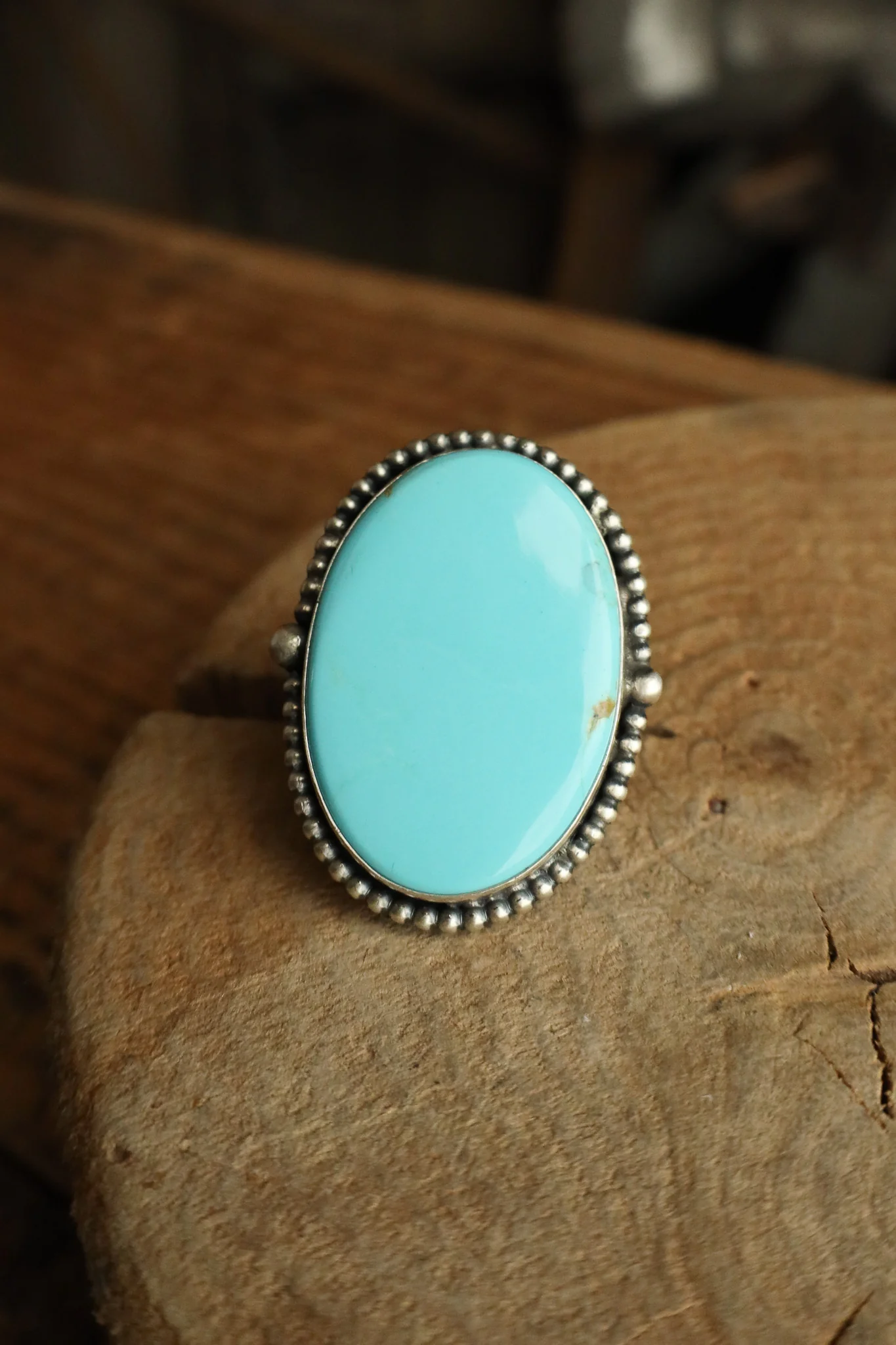 Large Turquoise Dotted Bezel Ring- Adjustable - Image 3
