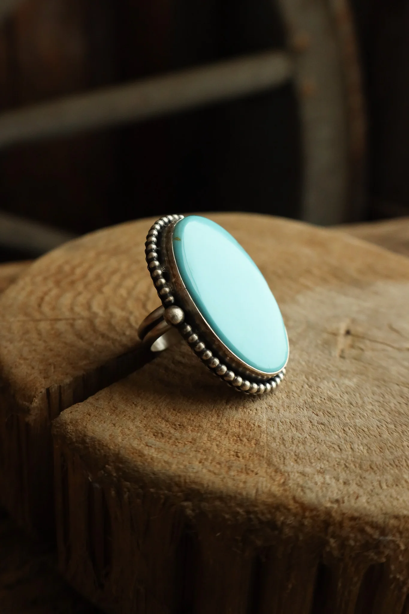 Large Turquoise Dotted Bezel Ring- Adjustable - Image 4