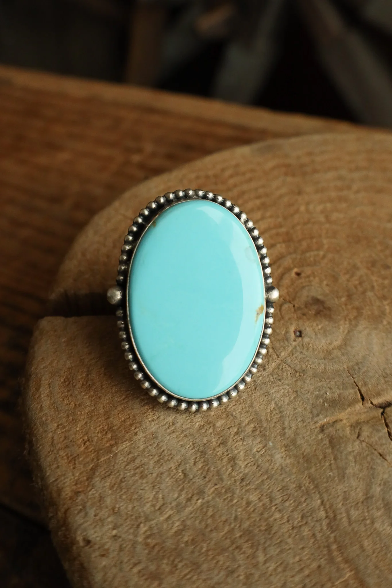 Large Turquoise Dotted Bezel Ring- Adjustable - Image 5