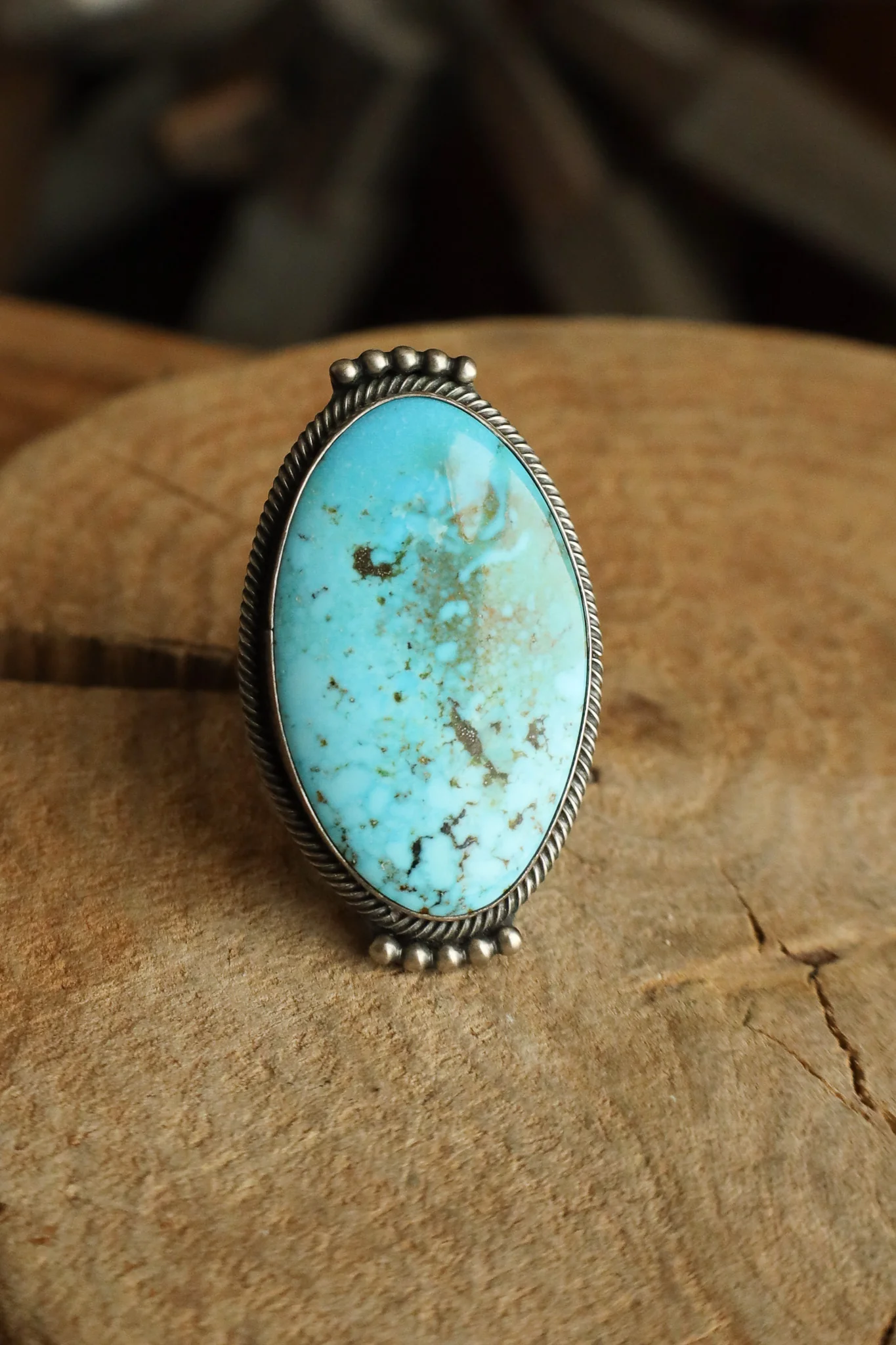 Kingman Turquoise Oval Rope Edge Ring- Size 10.5