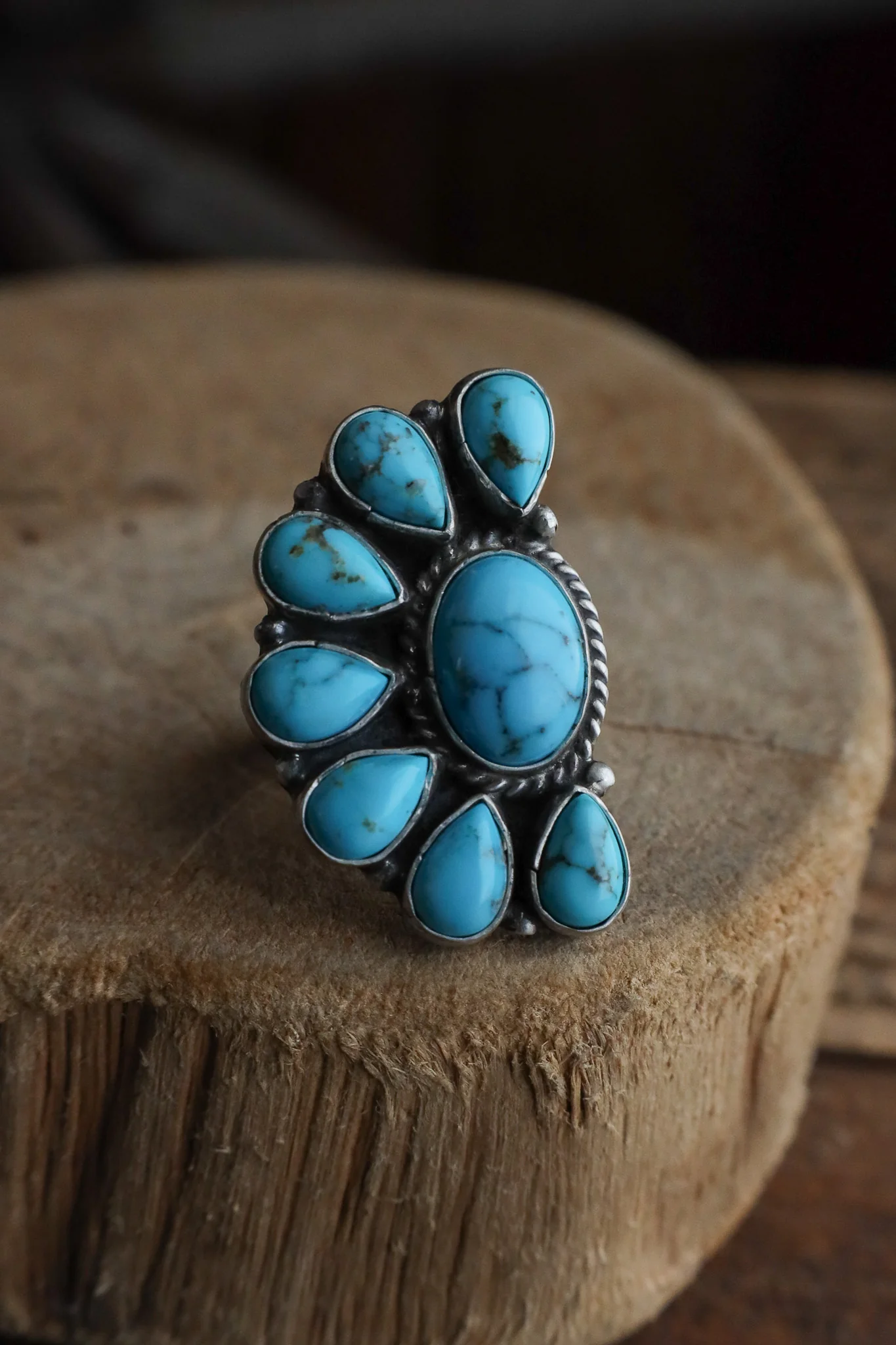 Turquoise Half Flower Veined Ring- Adjustable