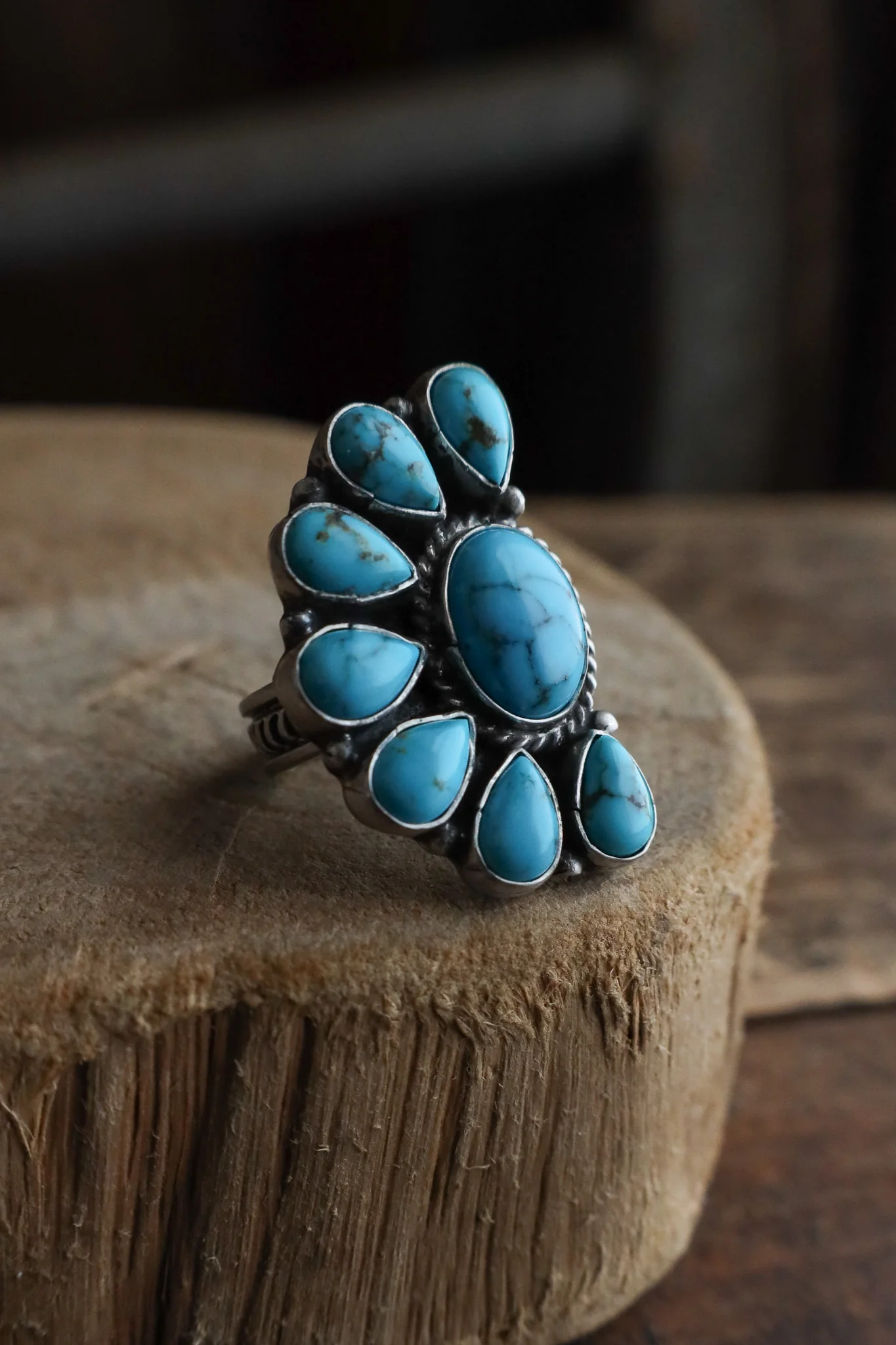 Turquoise Half Flower Veined Ring- Adjustable - Image 2
