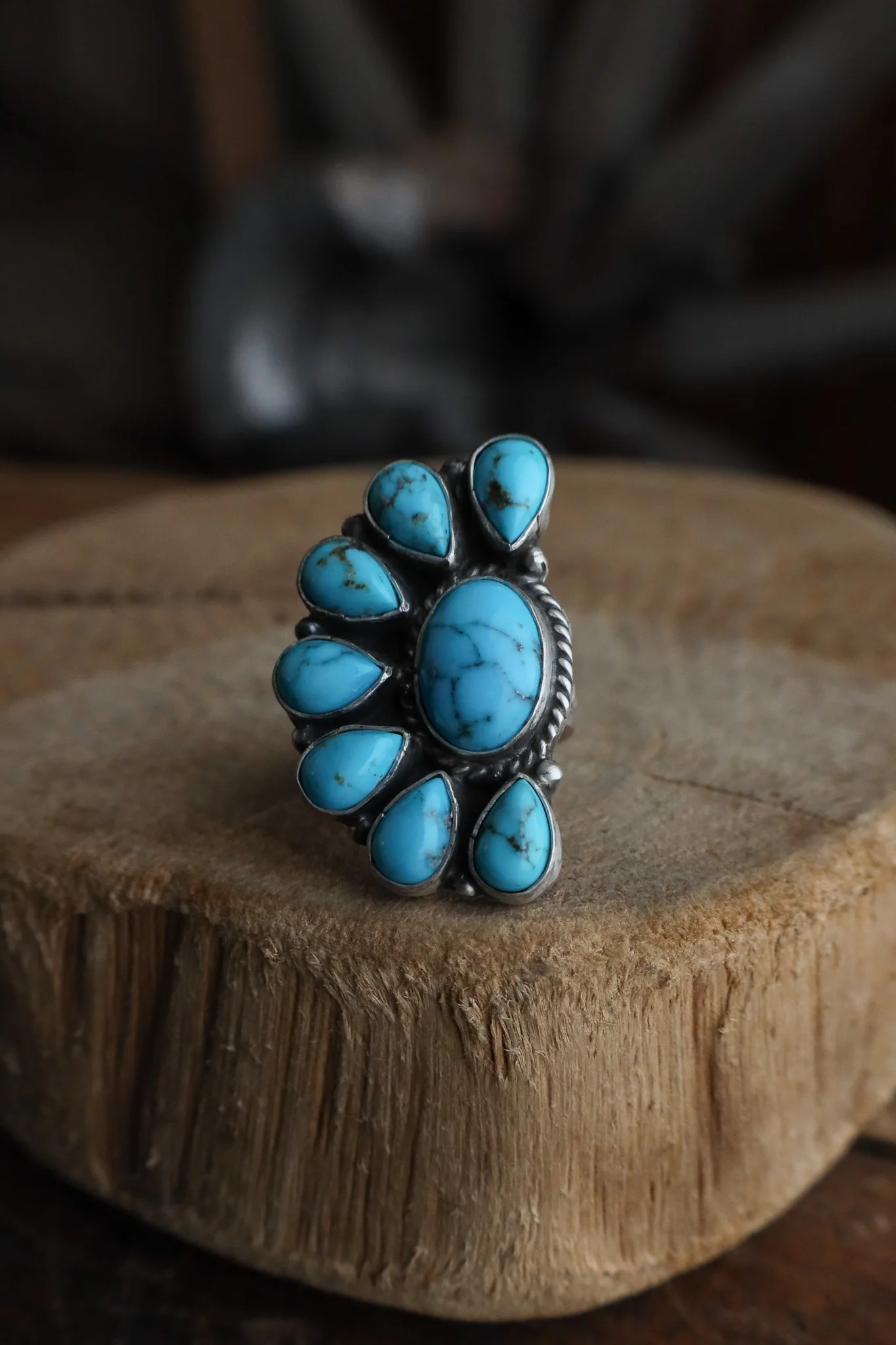 Turquoise Half Flower Veined Ring- Adjustable - Image 3