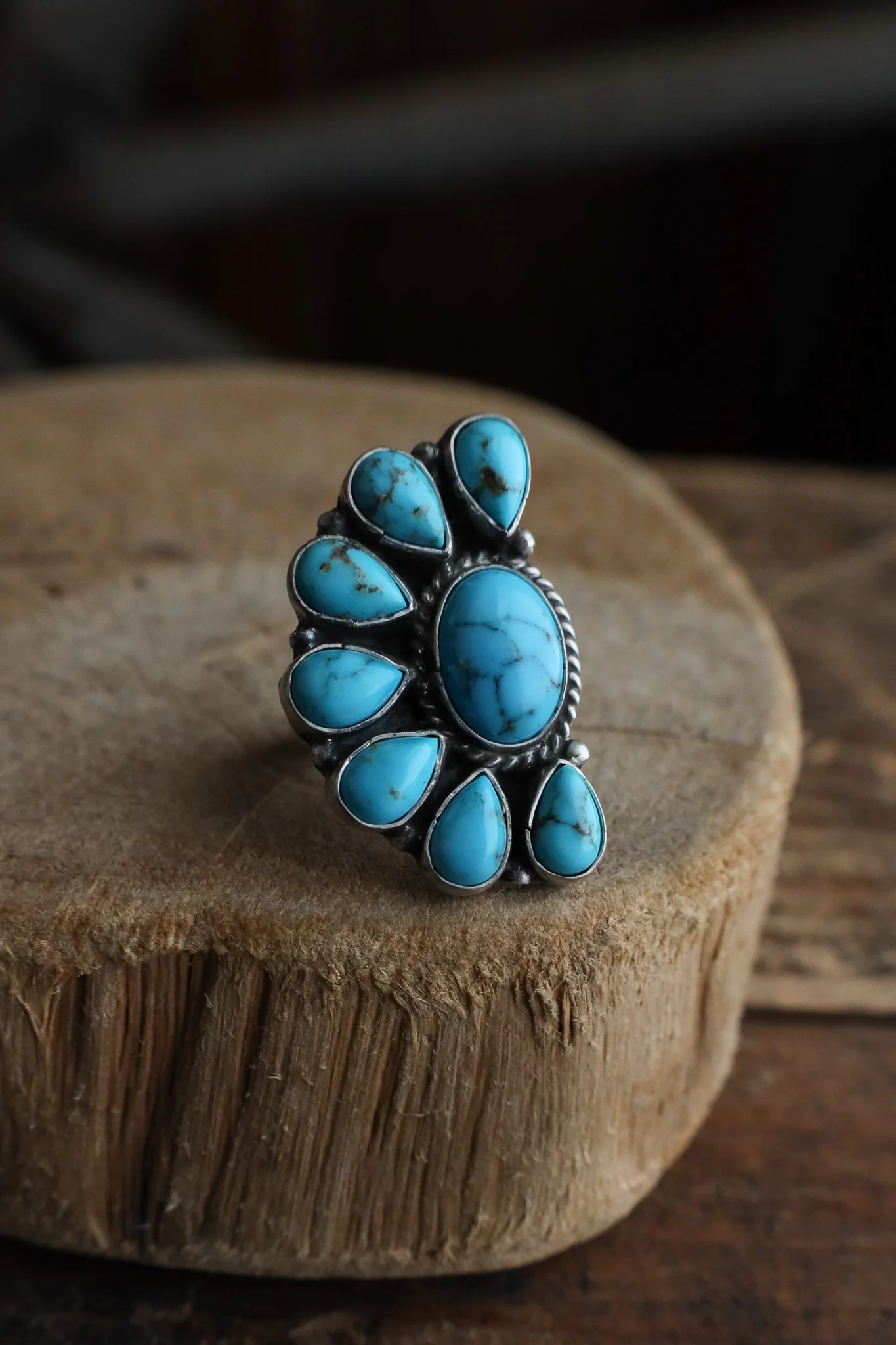 Turquoise Half Flower Veined Ring- Adjustable - Image 4