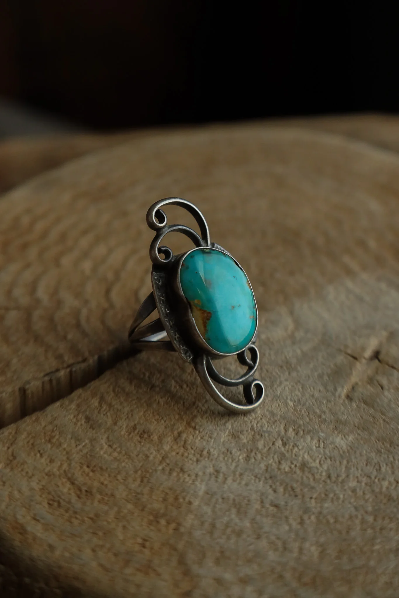 Vintage Spiral Sterling Silver With Turquoise Ring- Size 6 - Image 2