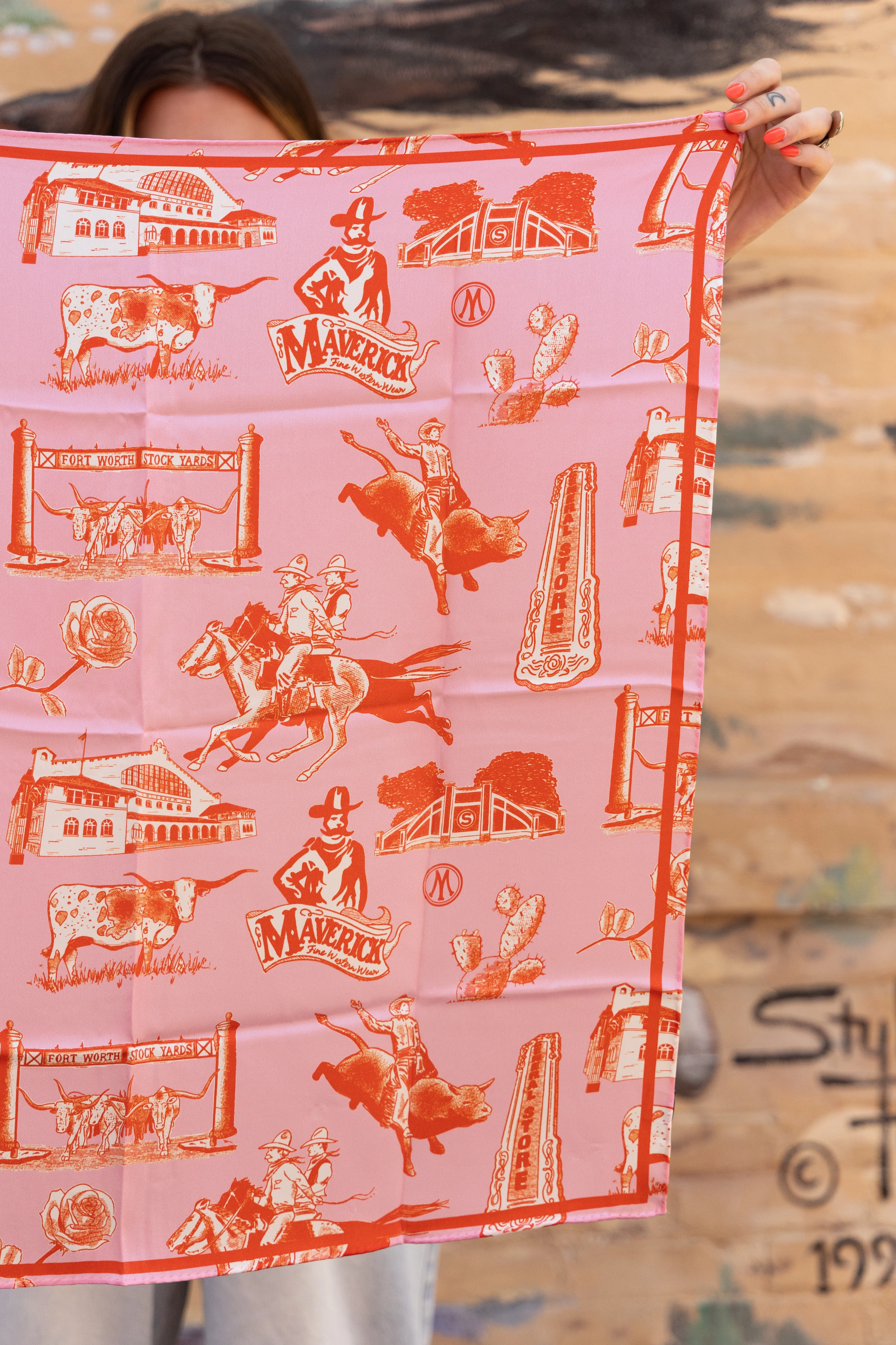 Maverick Exclusive Toile Pink and Orange 26x26 Scarf - Image 3