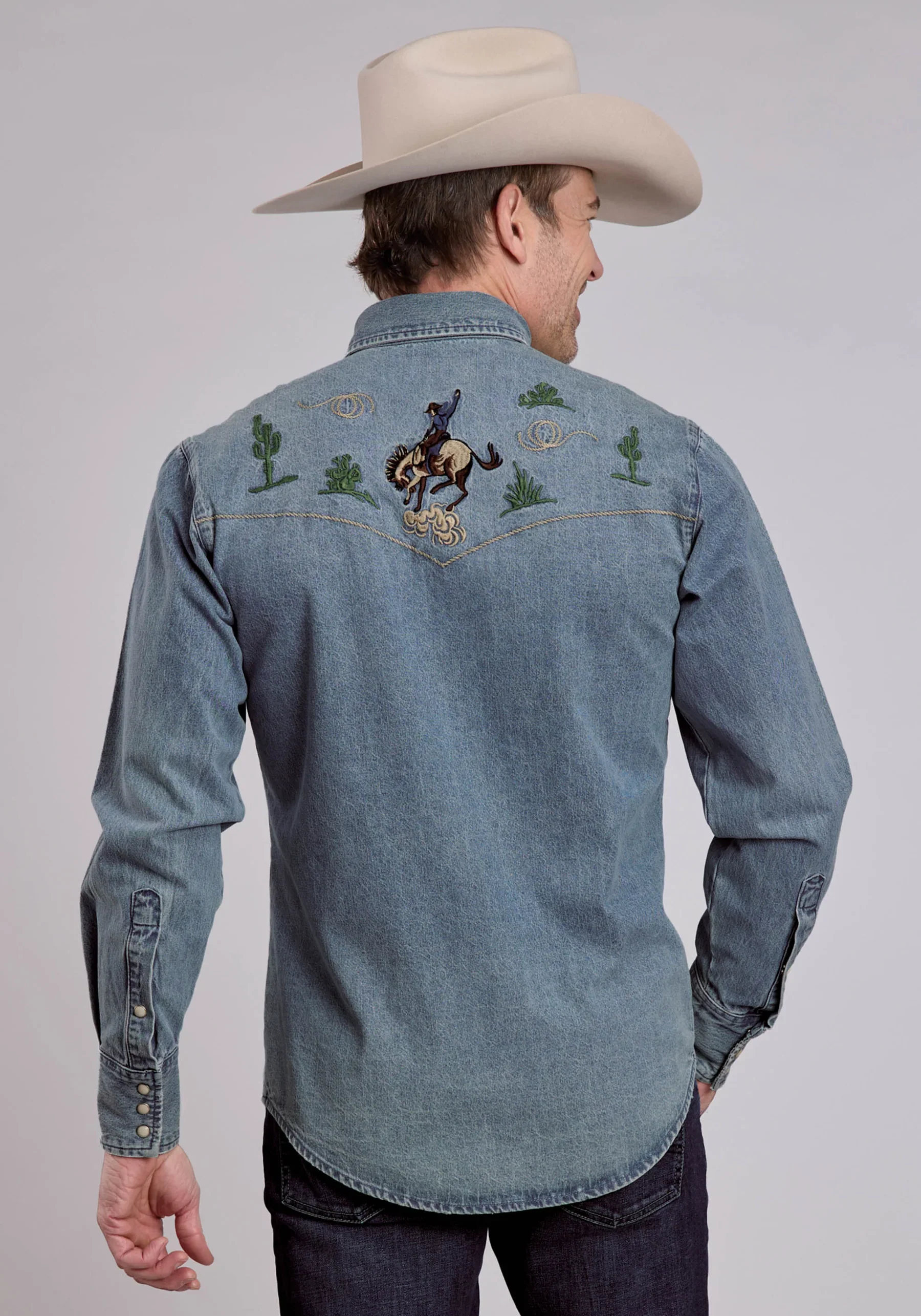 ROPER LONG SLEEVE SNAP MED WASH DENIM SHIRT W/ BRONC RIDER EMBROIDERED WESTERN SHIRT