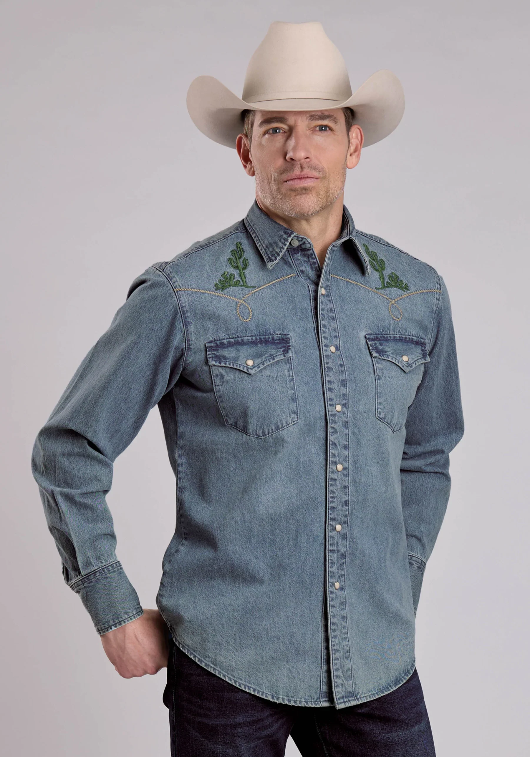 ROPER LONG SLEEVE SNAP MED WASH DENIM SHIRT W/ BRONC RIDER EMBROIDERED WESTERN SHIRT - Image 2