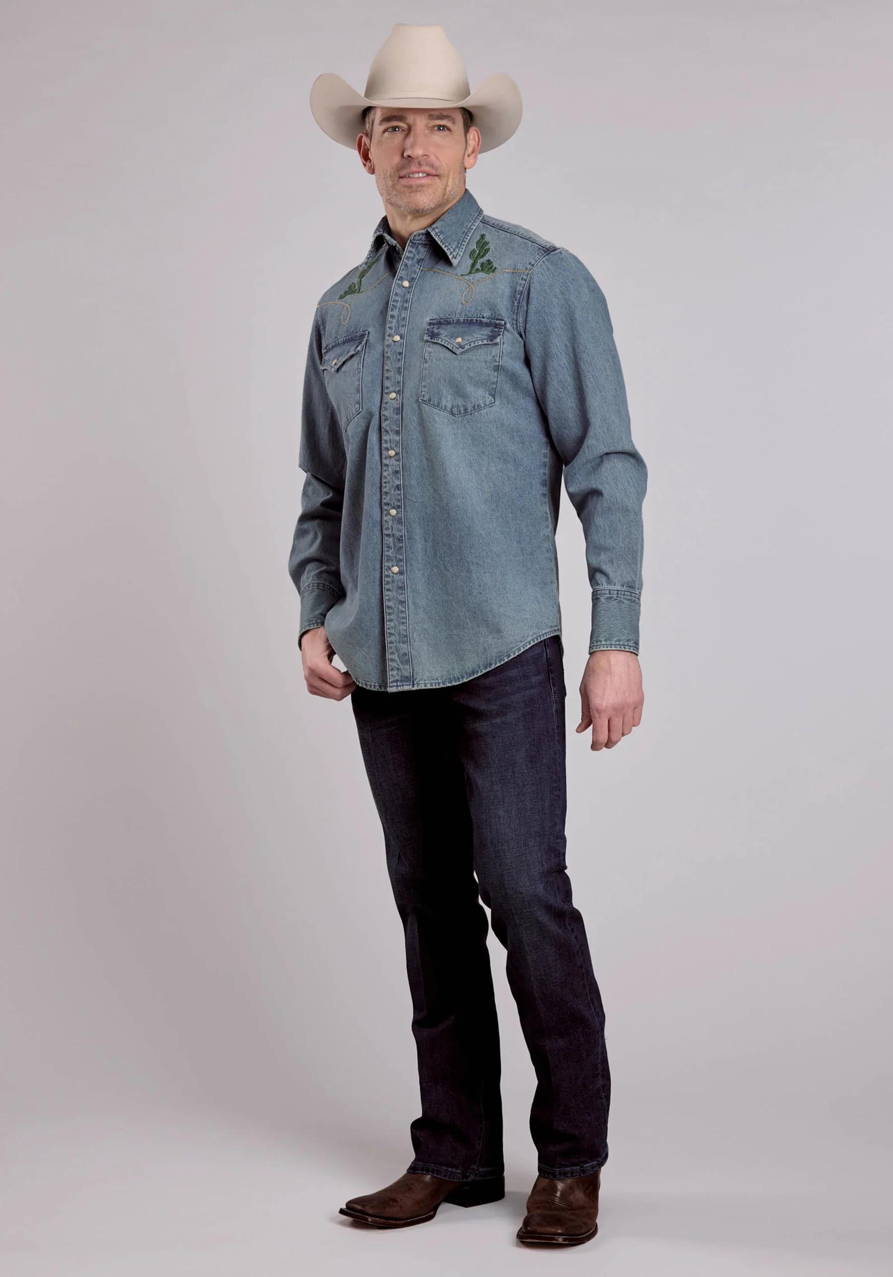 ROPER LONG SLEEVE SNAP MED WASH DENIM SHIRT W/ BRONC RIDER EMBROIDERED WESTERN SHIRT - Image 3