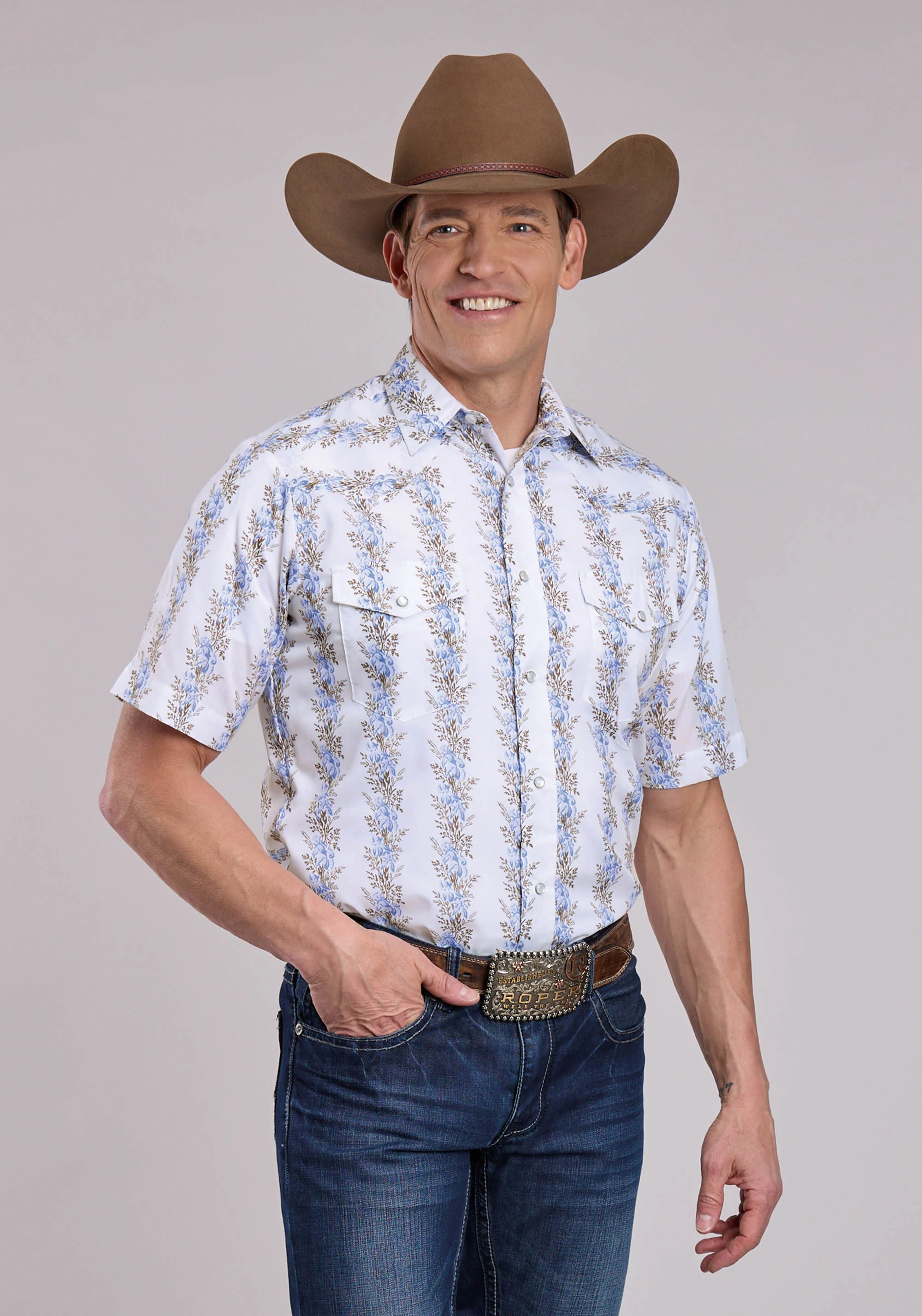 Roper Short Sleeve Floral Stripes Patterned Snap Shirt