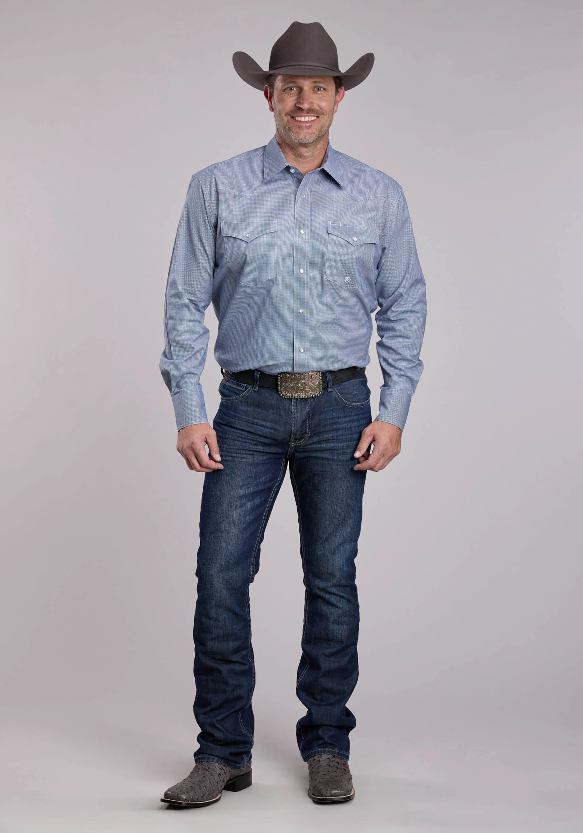 Roper Stretch Minicheck Navy Cotton Blend L/S Shirt - Image 2