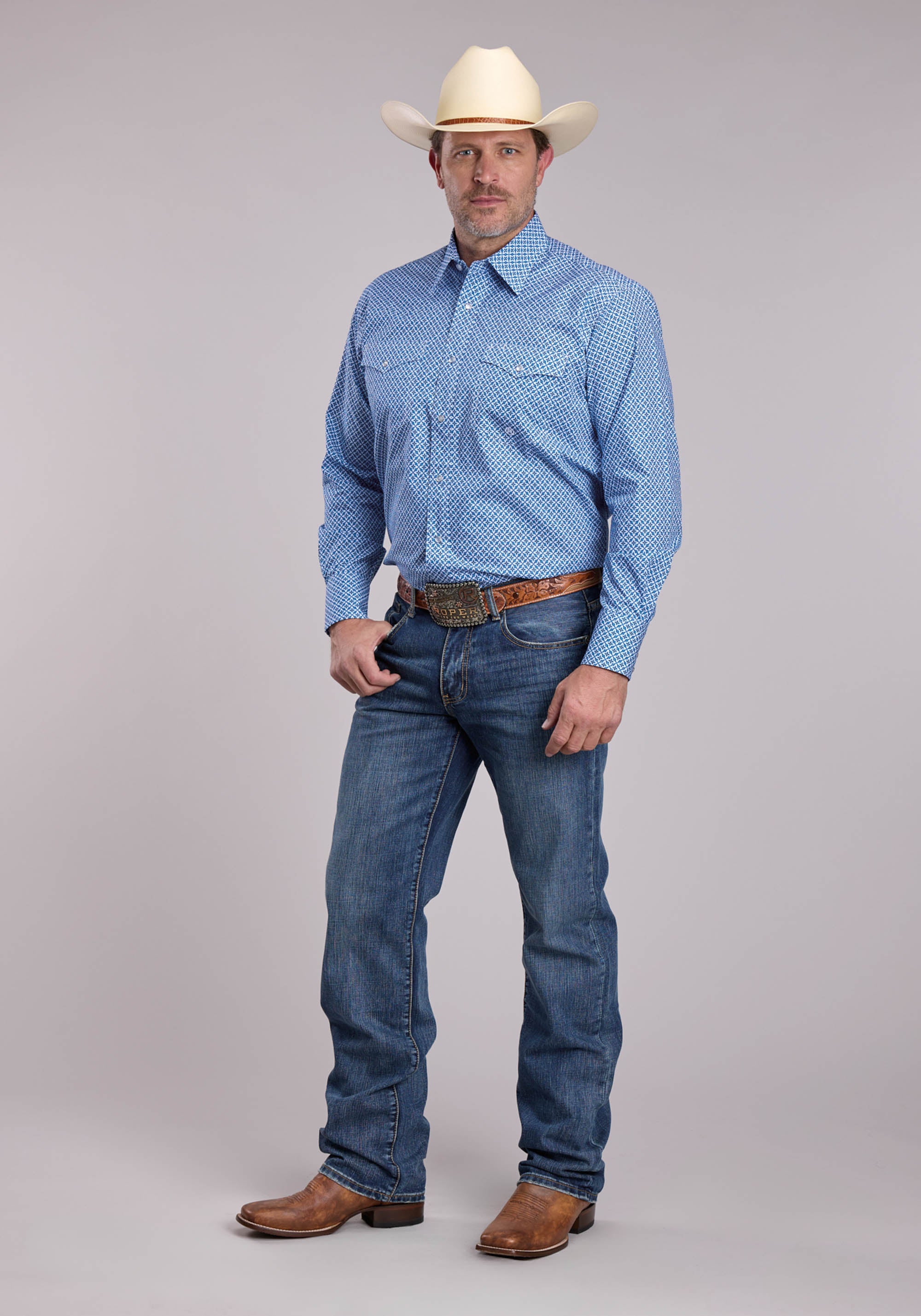 Roper Blue Printed Long Sleeve Snap Button Shirt - Image 2
