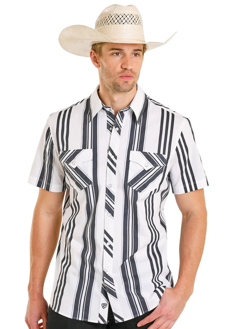 Rock & Roll Denim Slim Fit Black & White Striped Short Sleeve Snap Shirt