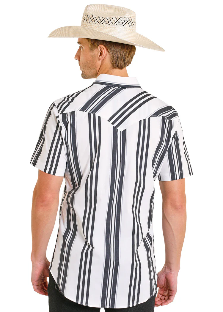 Rock & Roll Denim Slim Fit Black & White Striped Short Sleeve Snap Shirt - Image 2