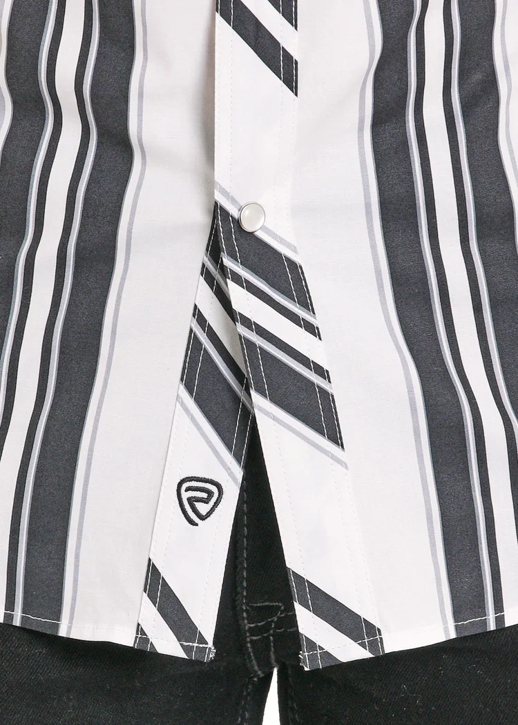 Rock & Roll Denim Slim Fit Black & White Striped Short Sleeve Snap Shirt - Image 3