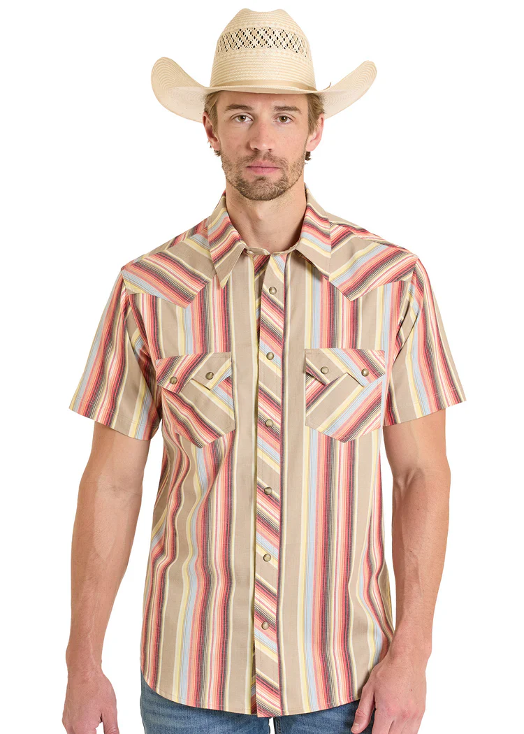 Rock & Roll Denim Slim Fit Retro Striped Short Sleeve Snap Shirt