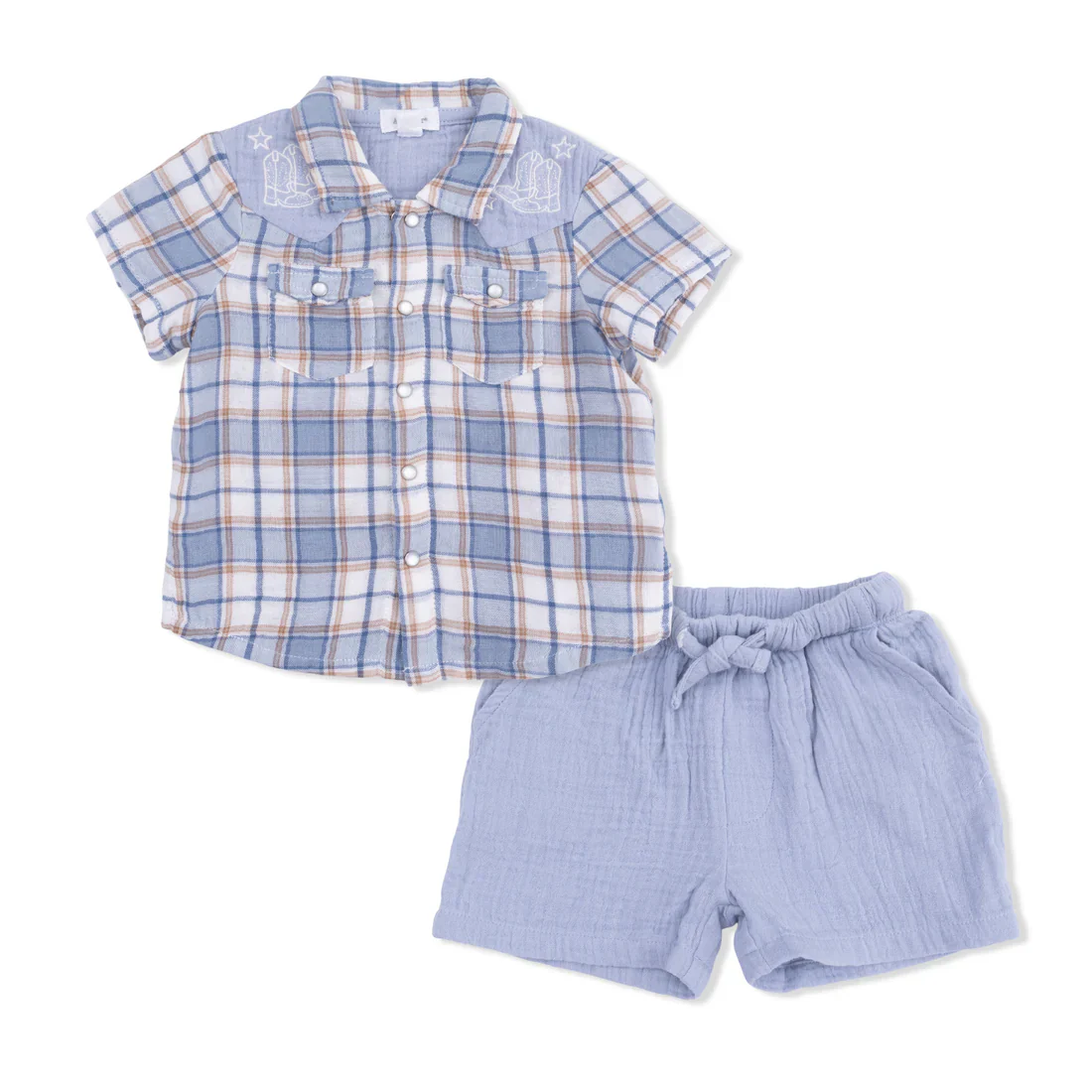 Angel Dear Western Boot Plaid Short Sleeve Western Pearl Snap Shirt with Casual Short - Image 2