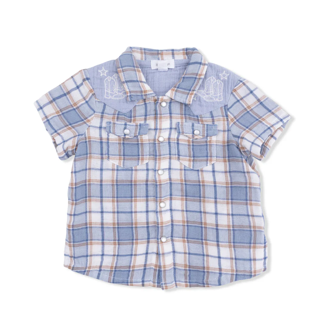 Angel Dear Western Boot Plaid Short Sleeve Western Pearl Snap Shirt with Casual Short - Image 3