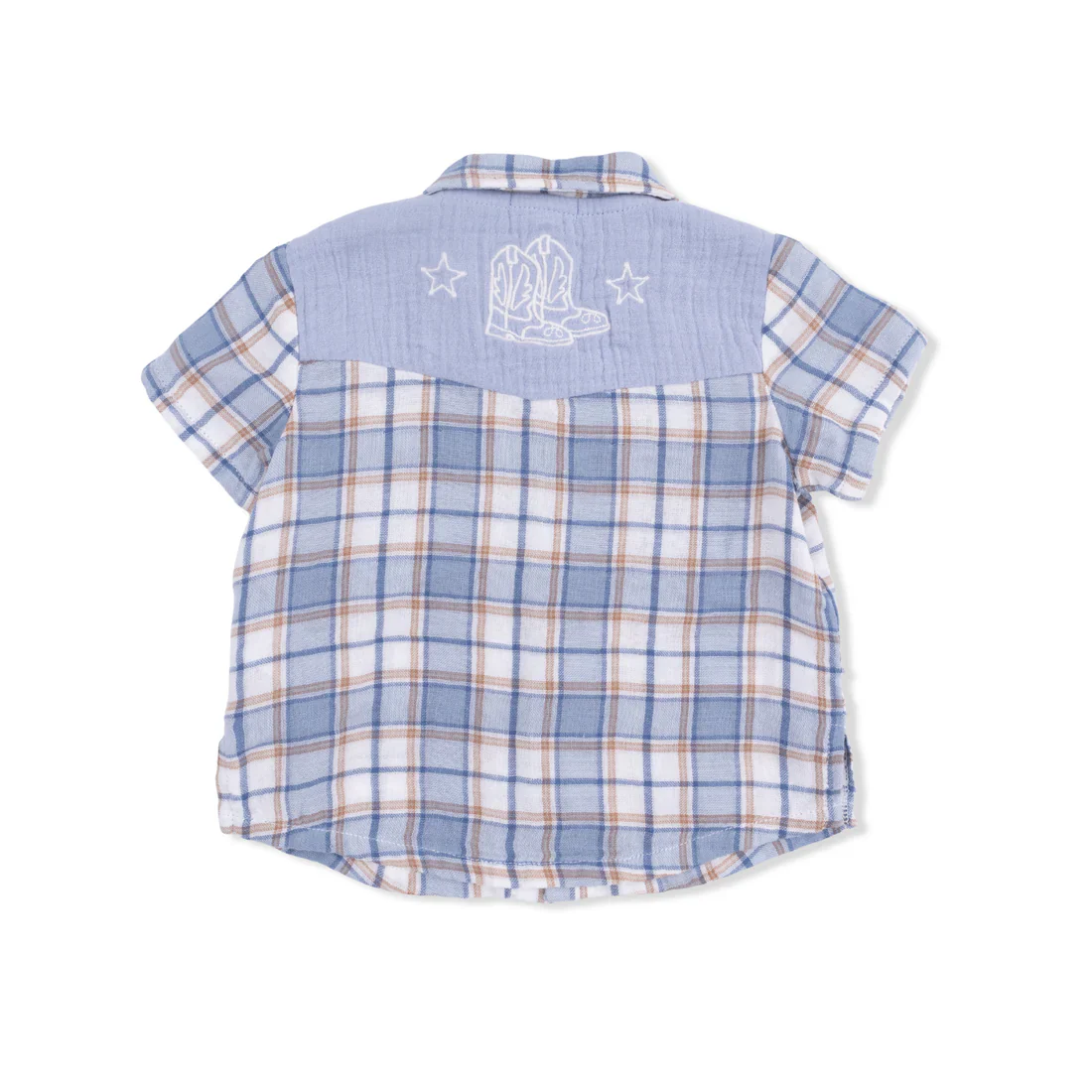 Angel Dear Western Boot Plaid Short Sleeve Western Pearl Snap Shirt with Casual Short - Image 4