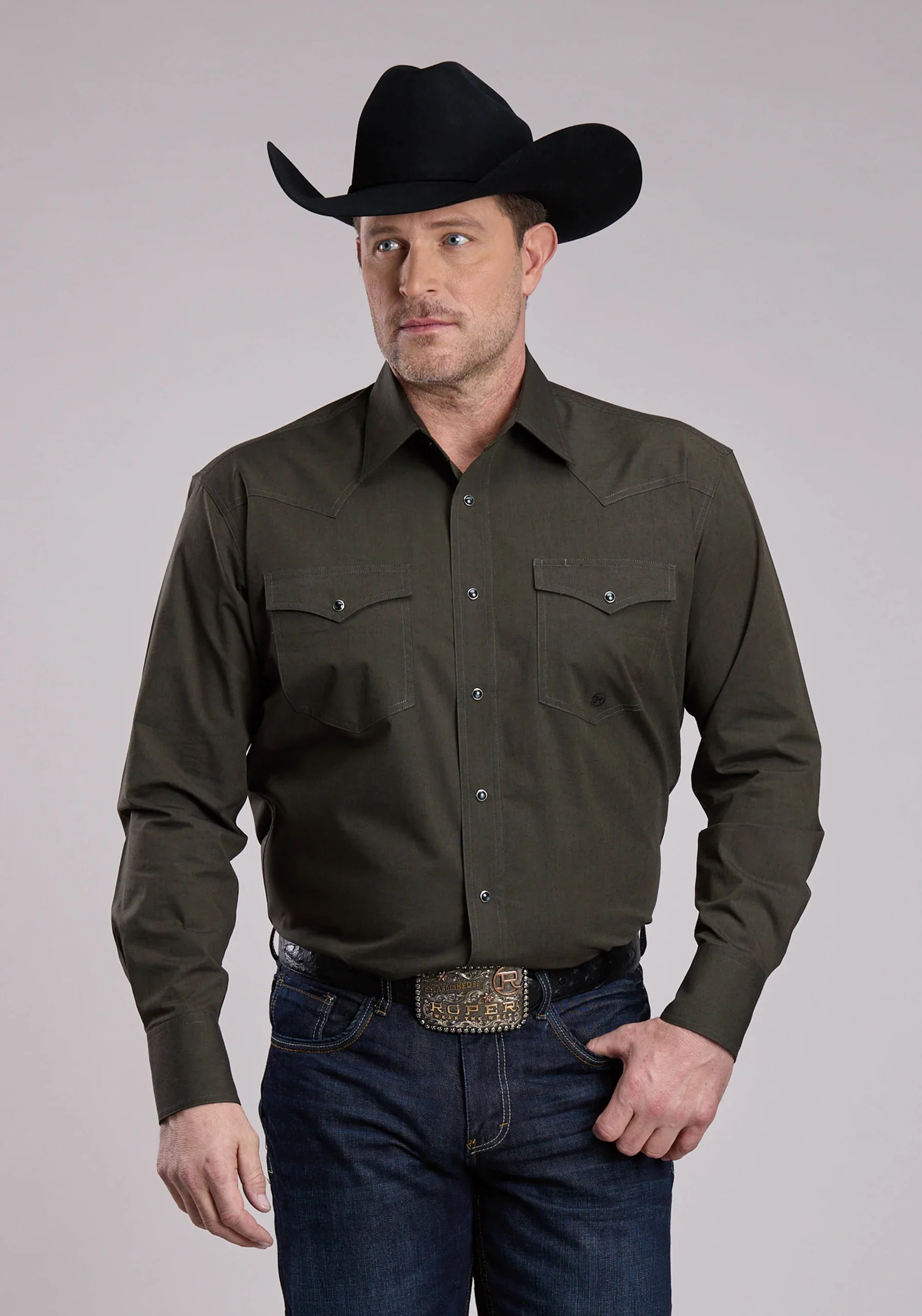 Roper Long Sleeve Snap Black Fill - Green Western Shirt