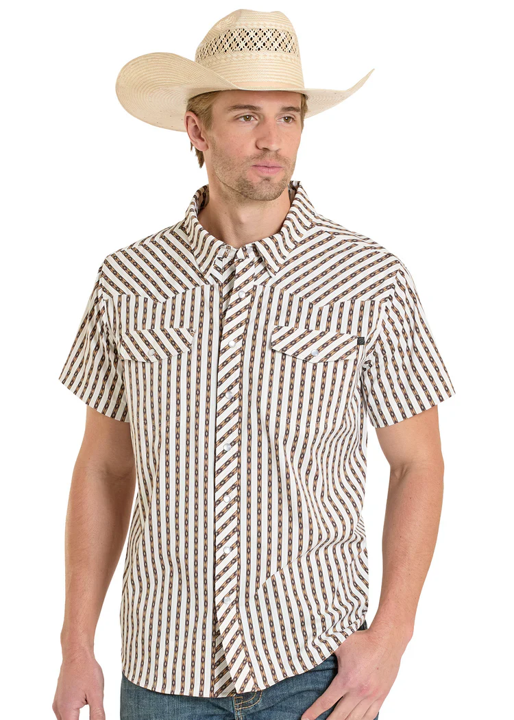 Rock & Roll Denim TEK Western Brown Micro Aztec Stripe Short Sleeve Shirt