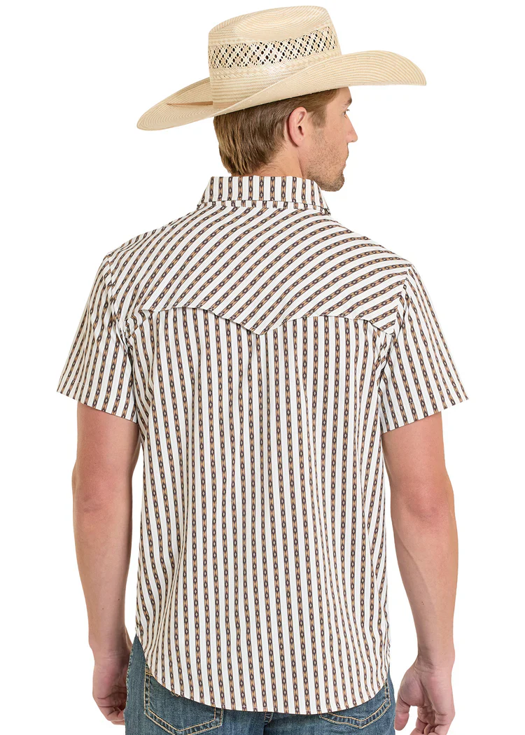 Rock & Roll Denim TEK Western Brown Micro Aztec Stripe Short Sleeve Shirt - Image 2