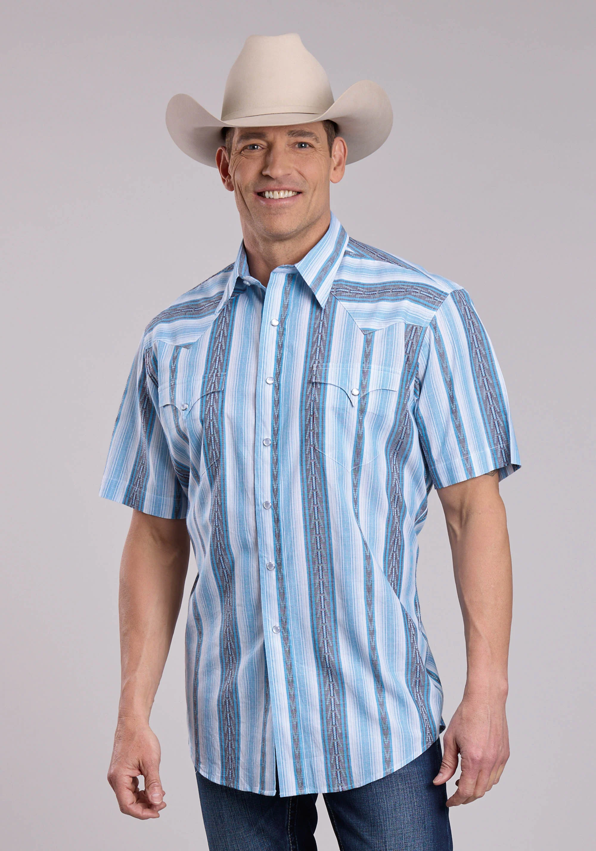 Roper Short Sleeve Vertical Performance Striped Snap Shirt