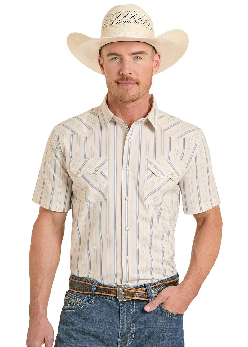 Panhandle Slim Modern Vintage Cream Stripe Short Sleeve Snap Shirt