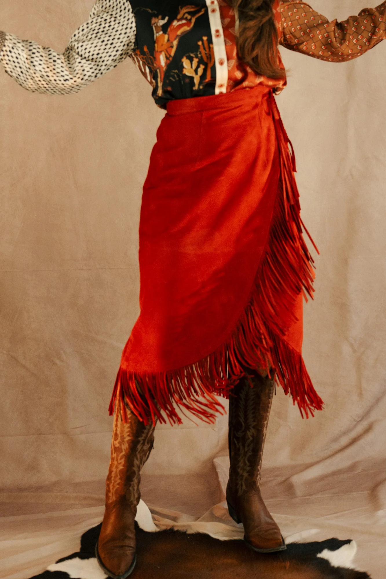 Wrap Lamb Skin Fringe Suede Skirt - Image 2