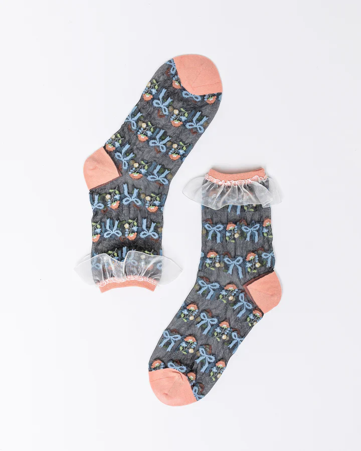 Sock Candy Floral Bow Ruffle Black Sheer Ankle Sock - Image 2