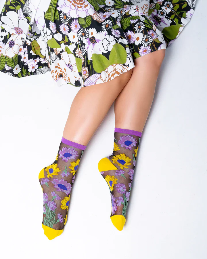 SOCK CANDY Mixed Sunflowers Black Sheer Crew Sock - Image 4
