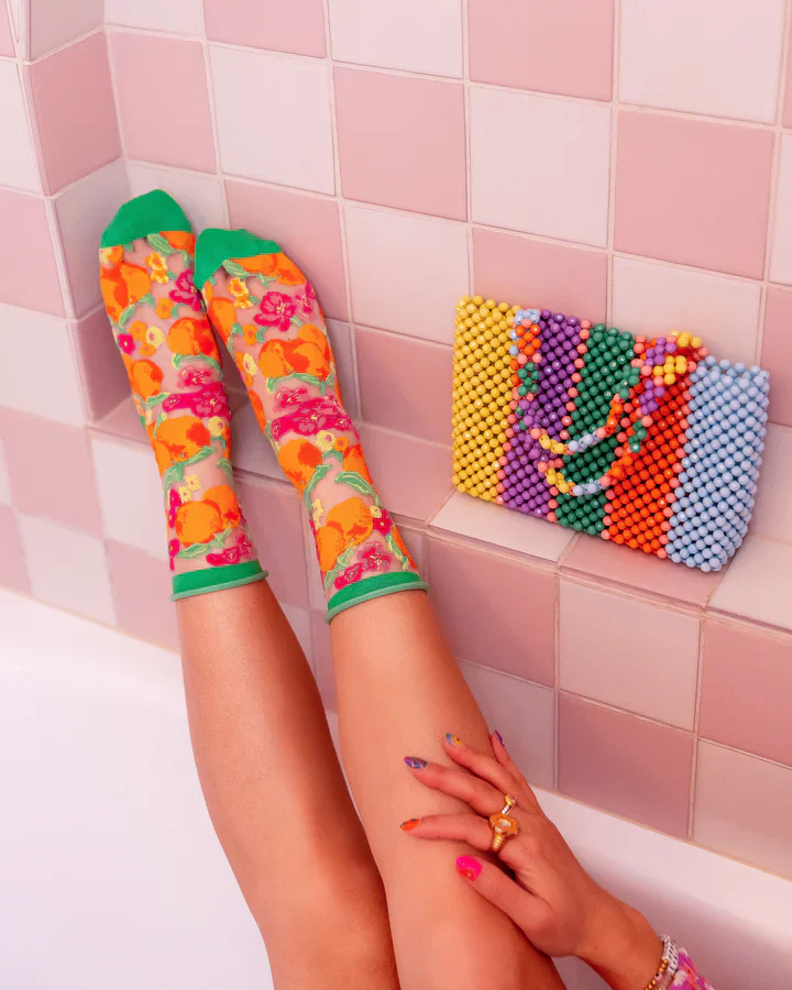 SOCK CANDY Orange Floral Sheer Crew Sock - Image 3