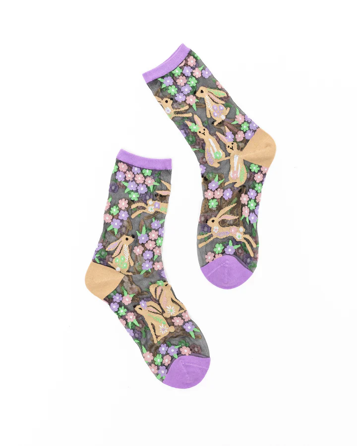 Sock Candy Rabbit Floral Black Sheer Crew Sock - Image 2