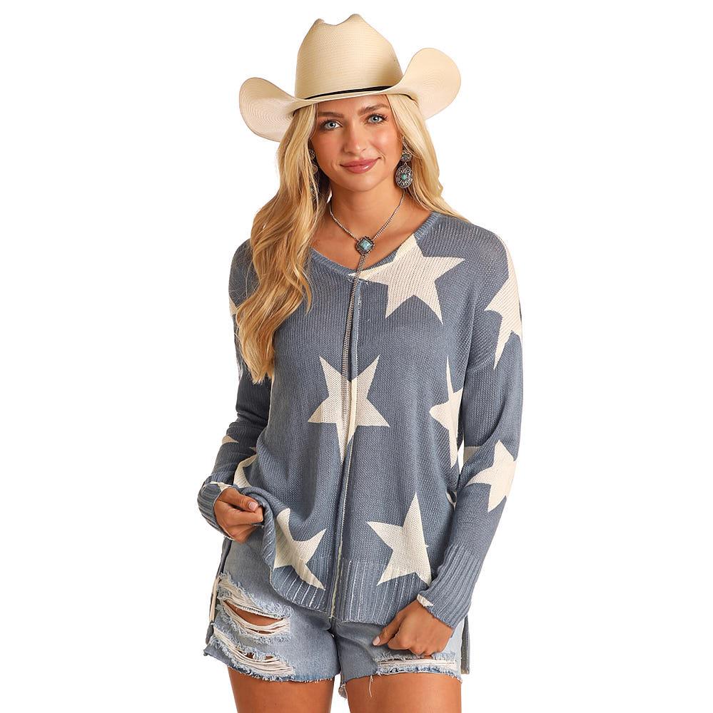 Rock & Roll Denim Star Print Baja Sweater