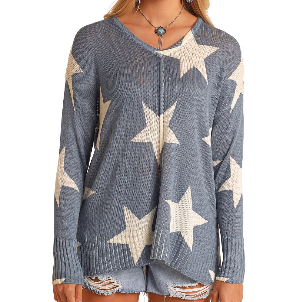 Rock & Roll Denim Star Print Baja Sweater - Image 3