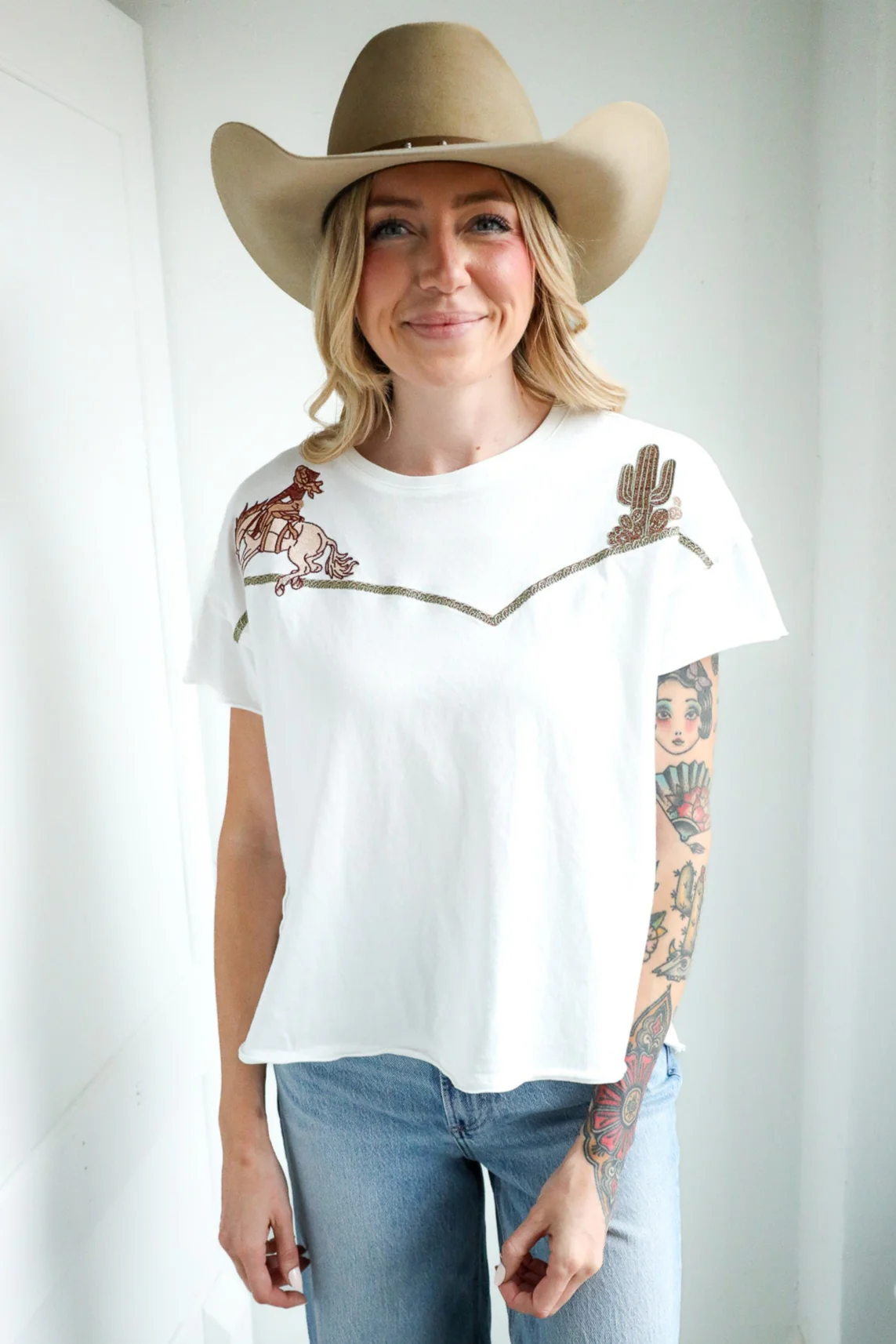Blue B Embroidered Shoulder Western Tee