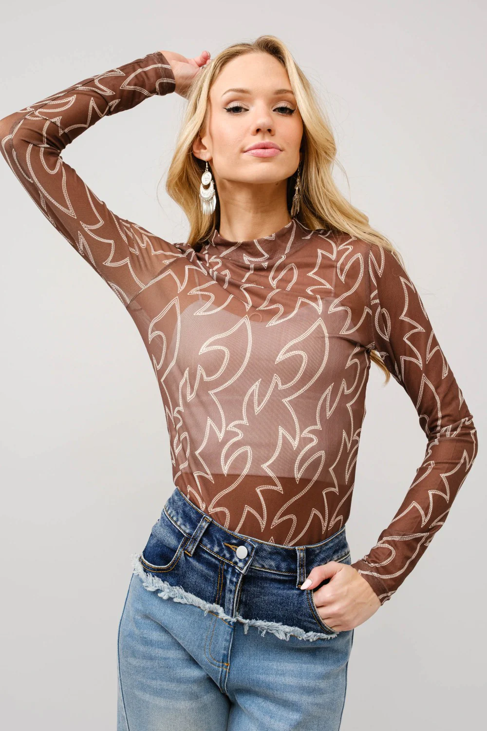 Blue B Boots Stitch Throughout Mesh Mock Neck Fitted Top - Image 2