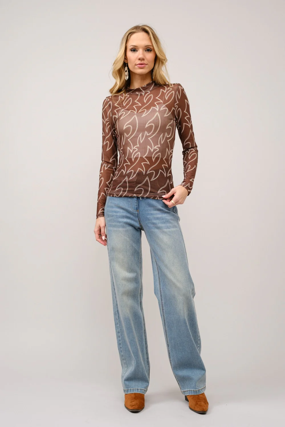 Blue B Boots Stitch Throughout Mesh Mock Neck Fitted Top - Image 4