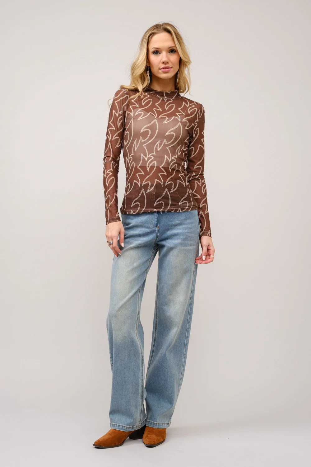 Blue B Boots Stitch Throughout Mesh Mock Neck Fitted Top - Image 5